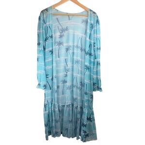 Women's‎ Turquoise Blue Tropical Palm Tree Duster Kimono Sz M Beachy Boho Cruise